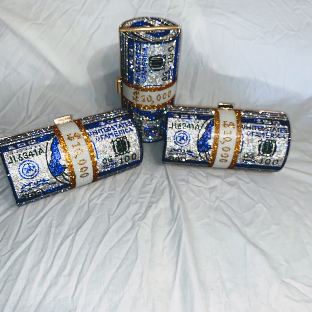 $100 USA DOLLAR BILL  $10K 💵MONEY ROLL RHINESTONE 💎BLING 💎CROSSBODY BAG 
NEW
